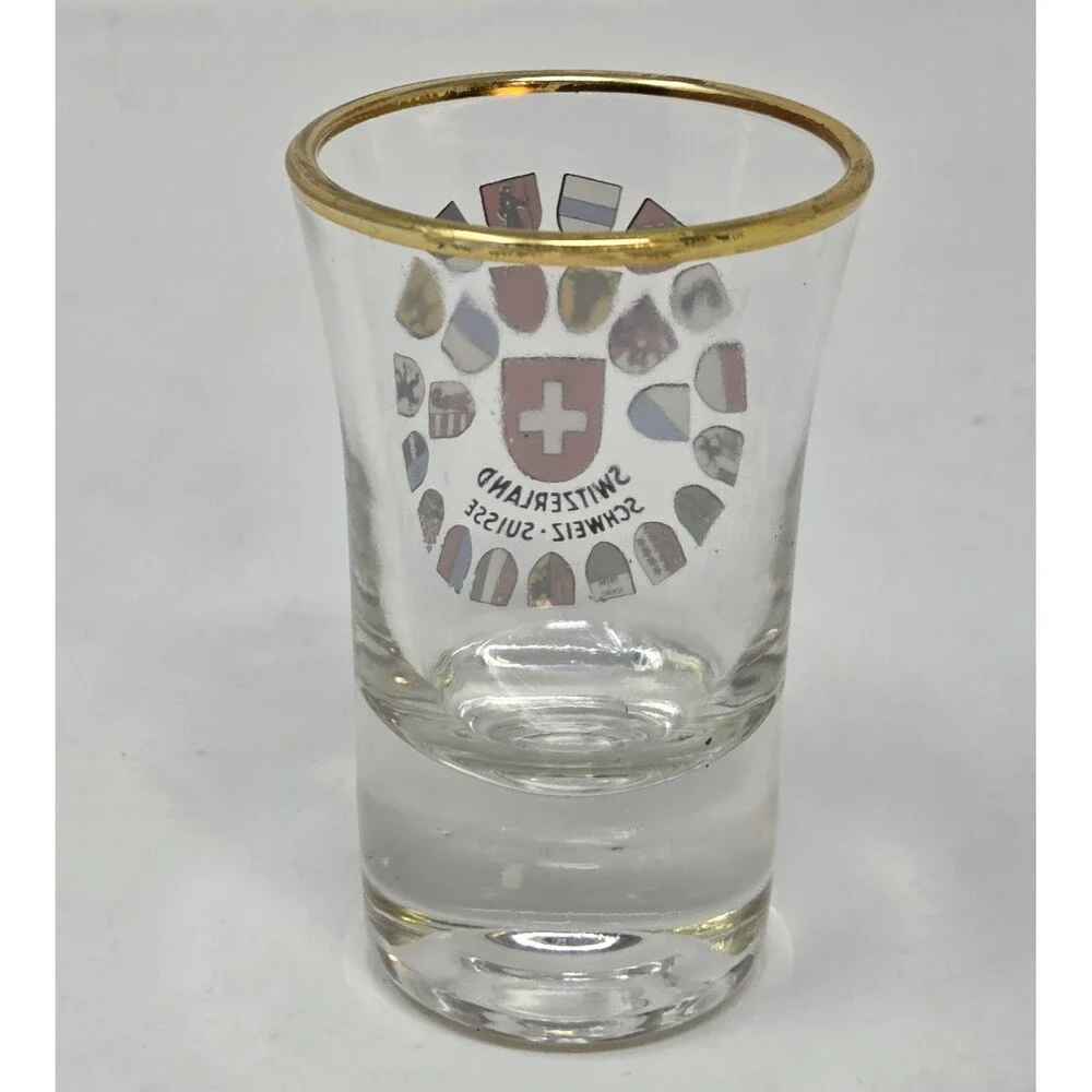 Vintage Switzerland Schweiz Suisse Shot Glass Gold Rim 26 Canton Crests Shields